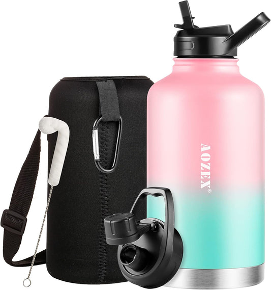 64 OZ Insulated Water Bottle with Straw,  Stainless Steel Half Gallon Large Water Bottle for Gym Workout, Double Wall 1/2 Gallon Metal Water Bottle Big Sports Water Bottle Jug for Women, Pink